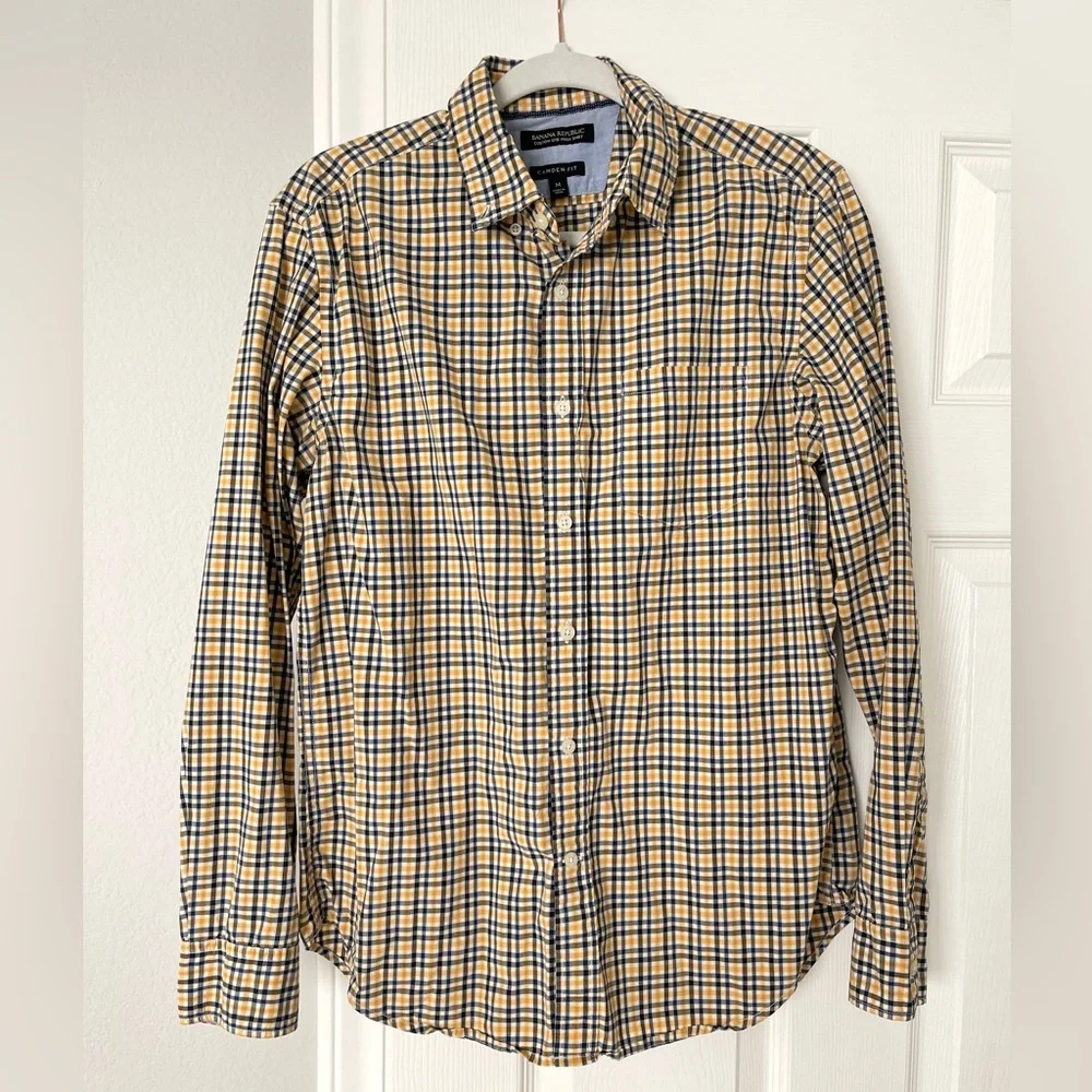 Banana Republic Mens Plaid Button Shirt | Camden Fit | Size M | Navy & Yellow